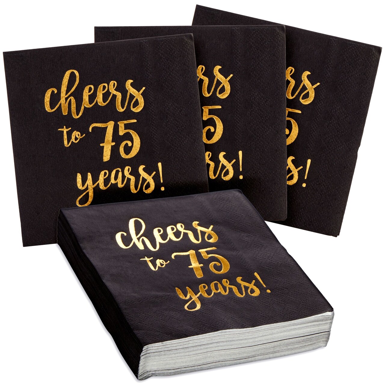 Sparkle and Bash 75th Birthday Paper Cocktail Napkins - 5 x 5 In, 3-Ply, Black & Gold -Pack of 50 - Cheers to 75 Years Foil Print - 75th Anniversary Napkins & Decor